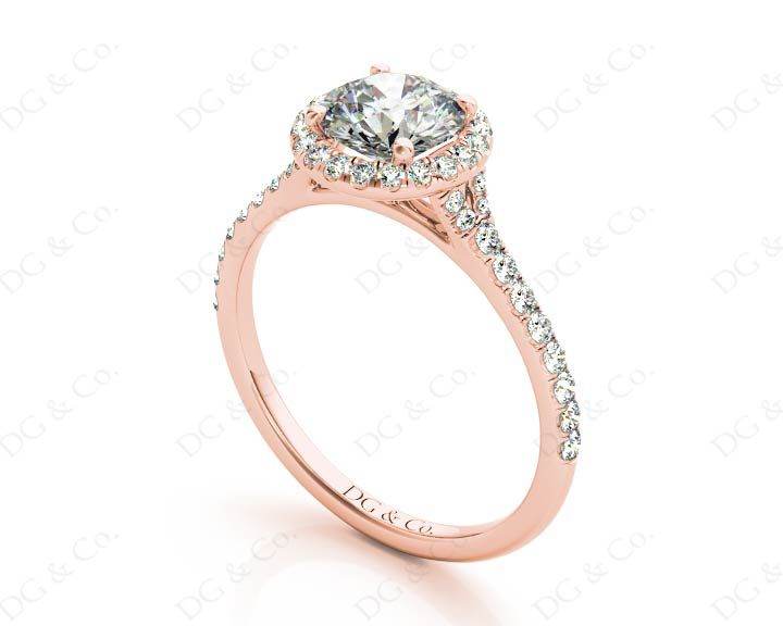 Round Cut Diamond Ring With Round Cut Diamonds Scallop Set on the Halo and Down the Shoulders - 18K Rose - DG & Co. Jewellery
