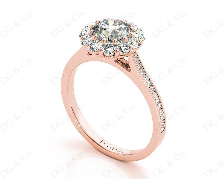 Round Cut Flower Halo Diamond Ring with a Claw Set Halo and Pave Set Side Stones - 18K Rose - DG & Co. Jewellery