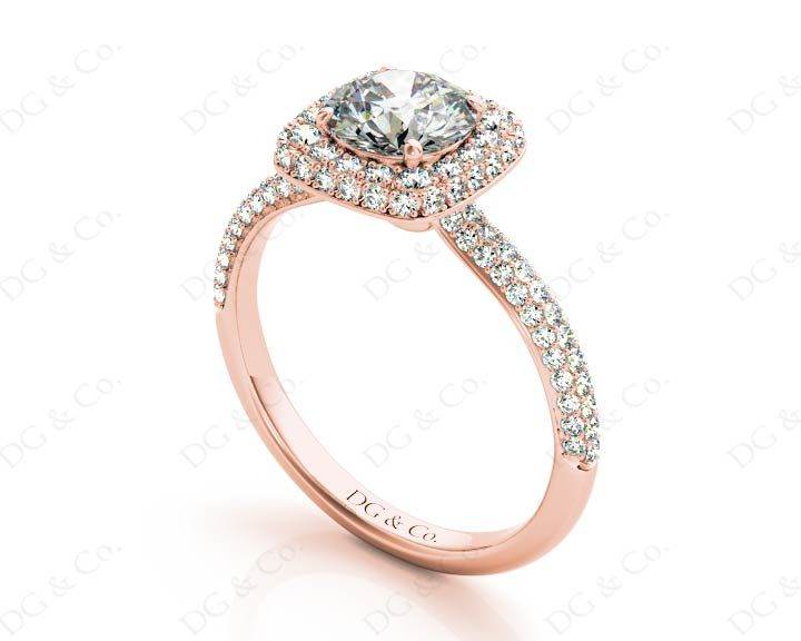 Round Cut Diamond Ring with Micro Pave Set Diamonds on Halo and Down the Shoulders - 18K Rose - DG & Co. Jewellery