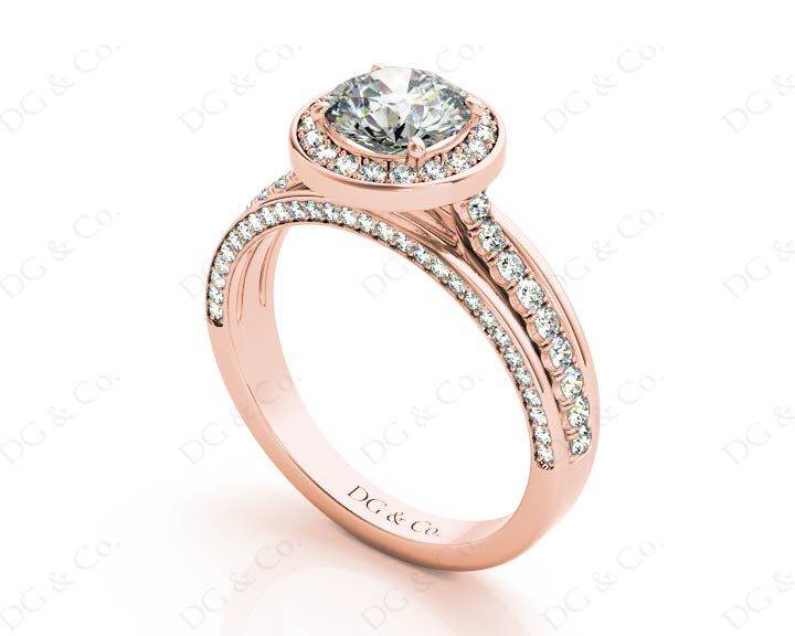 Triple Band Round Cut Diamond Halo Engagement Ring with Pave Set Side Stones and Halo in 18K Rose - DG & Co. Jewellery