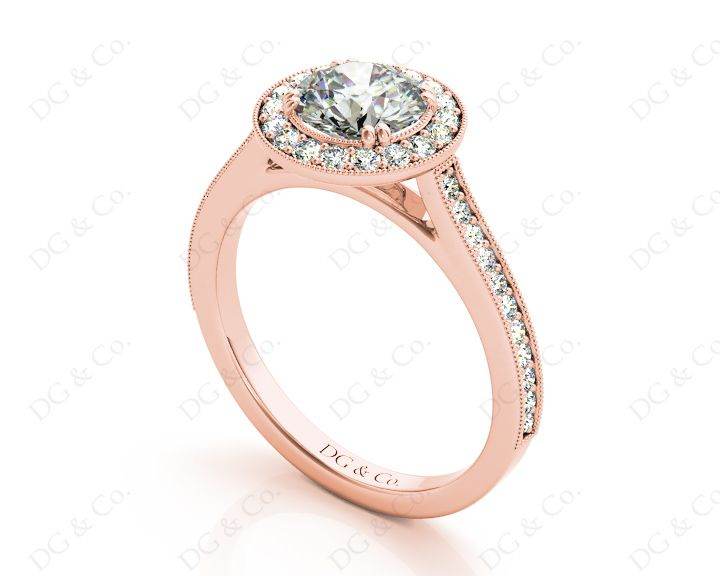 Halo Diamond Engagement Ring Round Cut with Claw Set Centre Stone Miligrain Share Prong Side Stones - 18K Rose - DG & Co. Jewellery