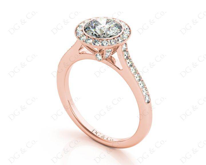 Round Cut Halo Diamond Ring with Bezel Set Centre Stone in 18K Rose - DG & Co. Jewellery