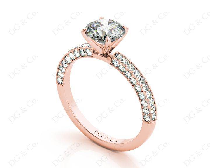 Round Cut Four Claws Side Stone Engagement Ring with Milgrain Set Side Stones in 18K Rose - DG & Co. Jewellery