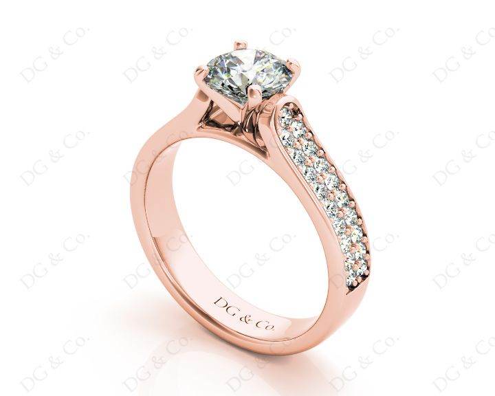 Round Cut Four Claws V Set Diamond Ring with Pave Set Side stones in 18K Rose - DG & Co. Jewellery