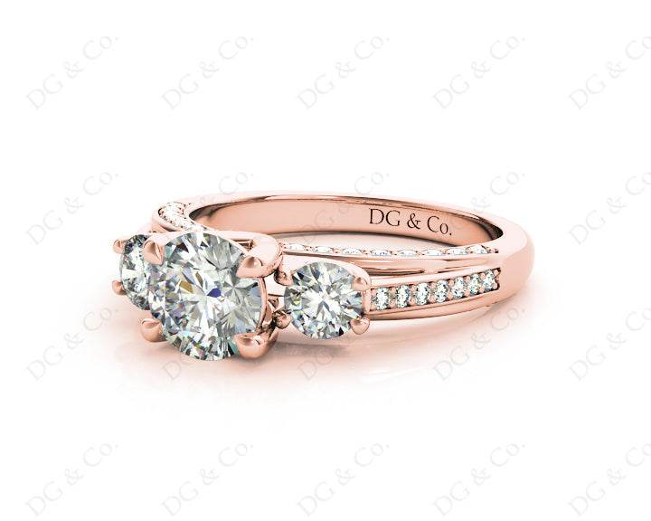 Three Stone Diamond Engagement Ring Round Cut with a Channel Share Prong Shoulder Setting - 18K Rose - DG & Co. Jewellery
