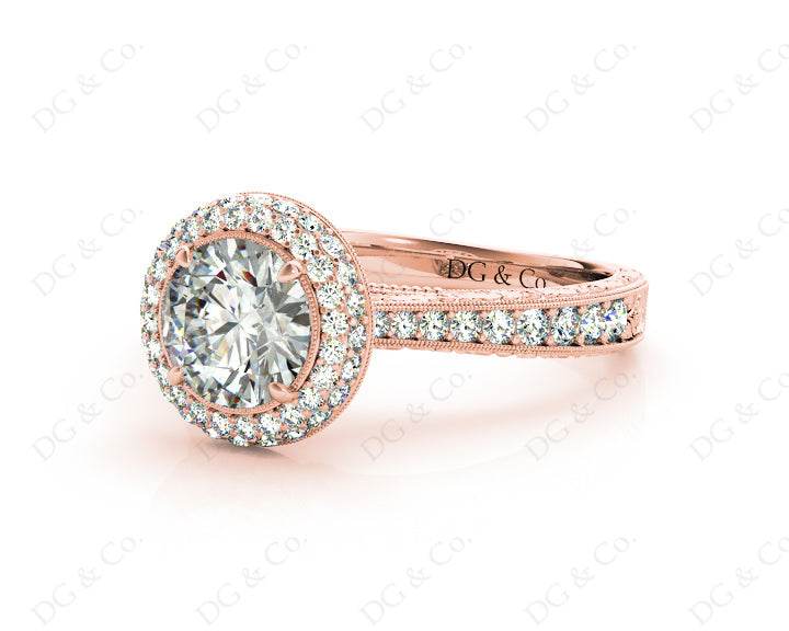 Vintage Style Double Halo Round Cut Diamond Engagement Ring With Claw Set Centre Stone - 18K Rose - DG & Co. Jewellery