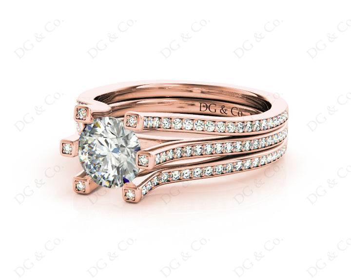 Round Cut Six Claws Diamond Signature Ring with Channel set Down in the Shoulders in 18K Rose - DG & Co. Jewellery