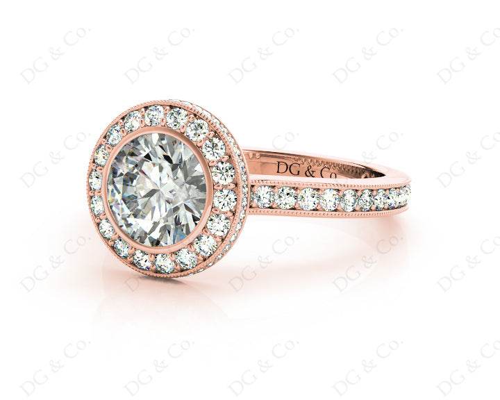 Vintage Style Round Cut Halo Diamond Ring with Bezel Set Centre Stone - 18K Rose - DG & Co. Jewellery