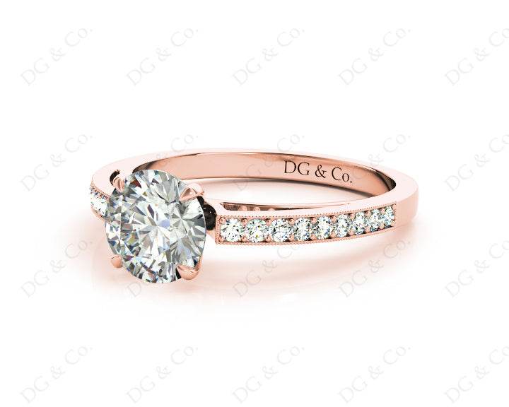 Round Cut Four Claws V Set Diamond Ring with Grain Set Side Stones in 18K Rose - DG & Co. Jewellery
