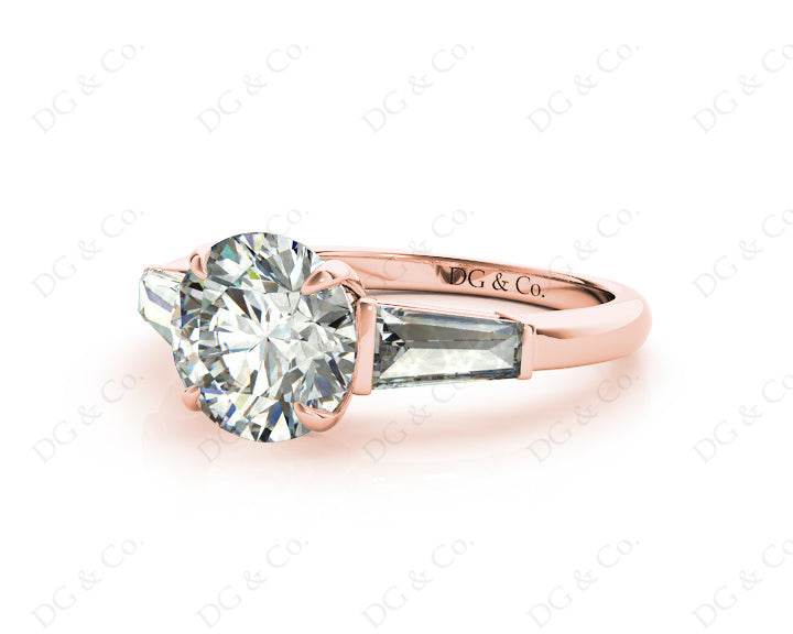 Round Cut Classic Three Stones Ring with Tapered Baguettes Diamond - 18K Rose - DG & Co. Jewellery