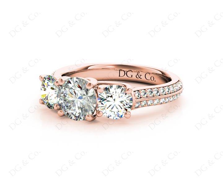 Round Cut Trilogy Diamond Engagement ring with claw set center stone - 18K Rose - DG & Co. Jewellery