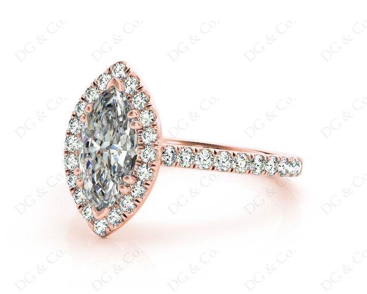 Marquise Cut Halo Diamond Engagement Ring with Claw Set Centre Stone with Pave Set Side Stones - 18K Rose - DG & Co. Jewellery