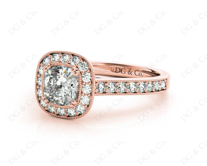 Halo Cushion Cut Ring with Four Claws Set Centre Stone - 18K Rose - DG & Co. Jewellery