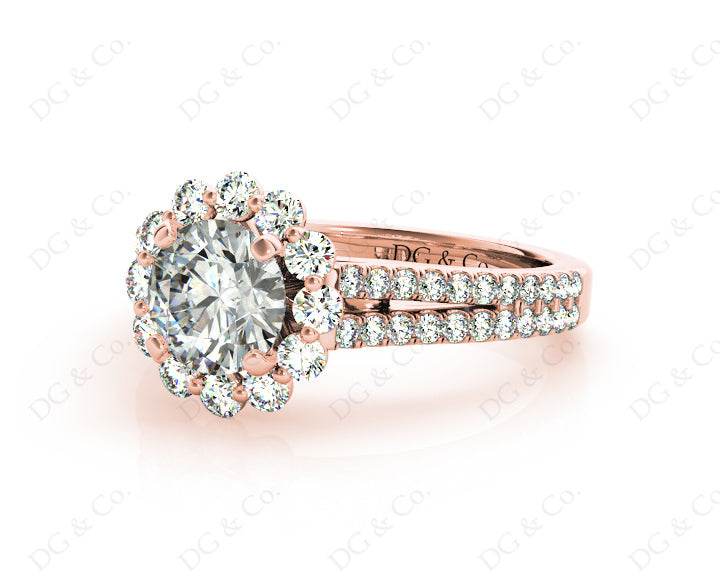 Round Cut Halo Flower Diamond Engagement Ring Split Band with Claw Set Centre Stone - 18K Rose - DG & Co. Jewellery