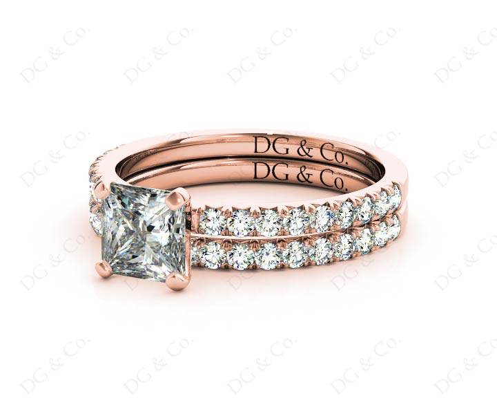 Princess cut diamond wedding set rings four claws setting With Pave Setting Side Stones - 18K Rose - DG & Co. Jewellery