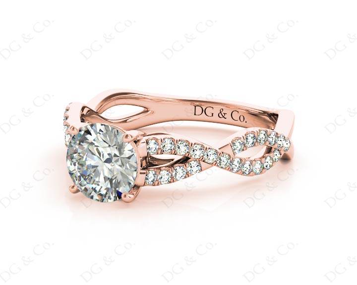 Twist Band Round Cut Four Claw Set Diamond Engagement Ring with Pave Set Stones Down the Shoulders - 18K Rose - DG & Co. Jewellery