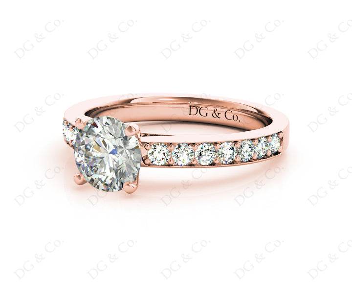 Round Cut Four Claws Set Diamond Ring with Channel Set Side Stones - 18K Rose - DG & Co. Jewellery