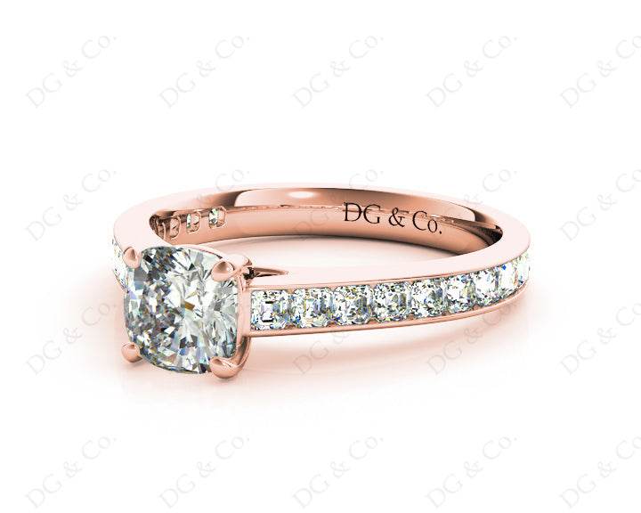 Cushion Cut Four Claws Set Diamond Ring with Channel Set Side Stones - 18K Rose - DG & Co. Jewellery