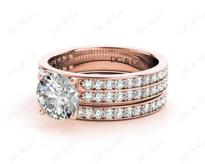Round Cut Diamond Wedding Set Rings with Pave Setting Side Stones in 18K Rose - DG & Co. Jewellery