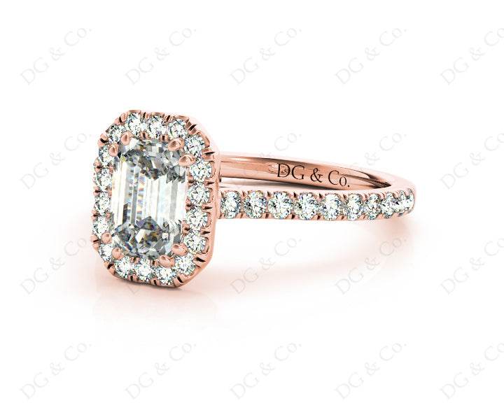 Emerald Cut Halo Diamond Engagement Ring with Four Claws Set Centre Stone - 18K Rose - DG & Co. Jewellery