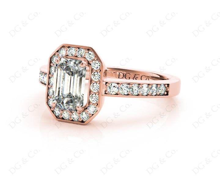 Emerald Cut Halo Diamond Engagement Ring with Claw Set Centre Stone - 18K Rose - DG & Co. Jewellery