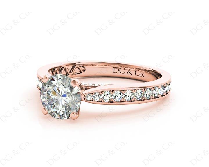 Round Cut Four Claw Set Diamond Ring with Pave Set Stones Down the Shoulders and on Both Sides - 18K Rose - DG & Co. Jewellery