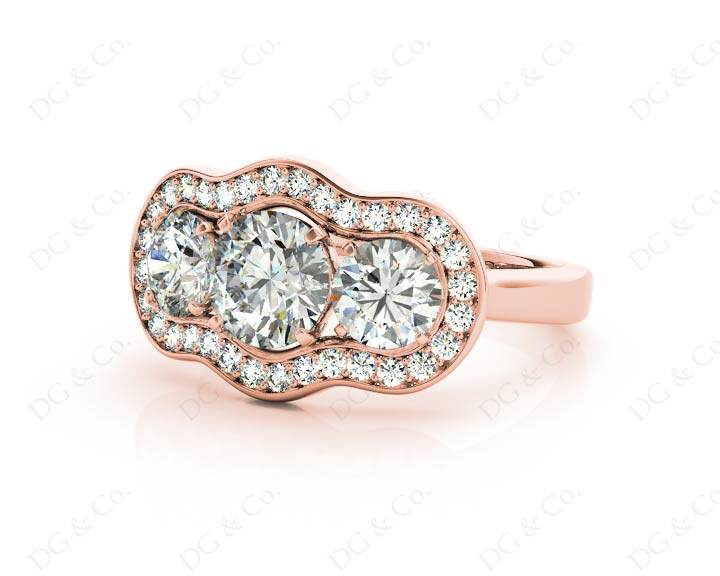 Round Cut Halo Trilogy Diamond Engagement Ring with Pave Set Side Stone In 18K Rose - DG & Co. Jewellery