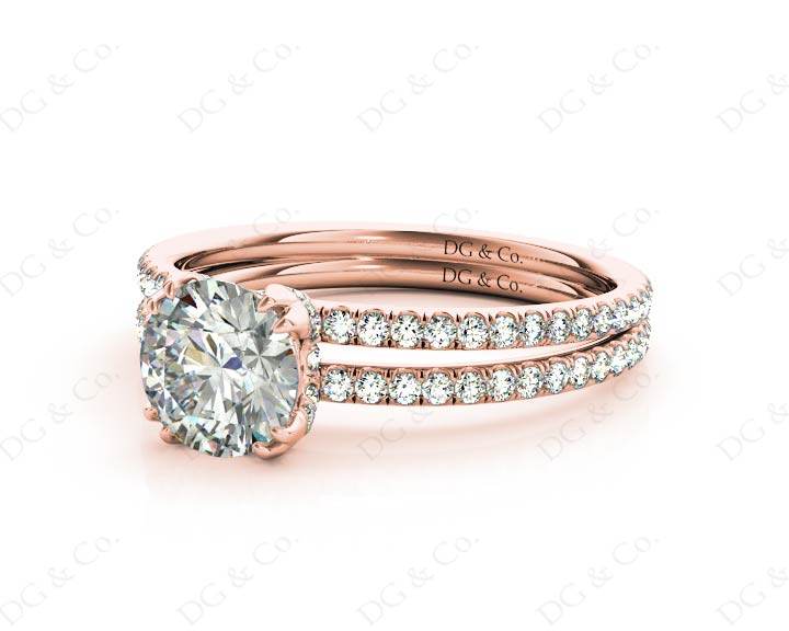 Round Cut Four Double Claw Set Diamond Ring with Pave Set Diamonds Down The Shoulders in 18K Rose - DG & Co. Jewellery