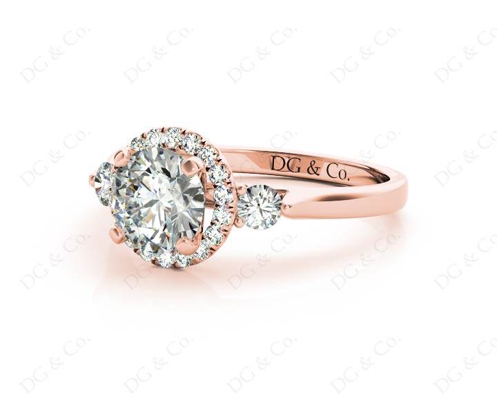 Round Cut Halo Trilogy diamond ring with pave set side stone in 18K Rose - DG & Co. Jewellery