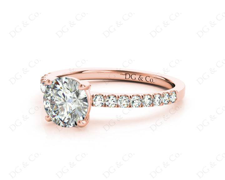 Round Cut Four Claws Diamond Ring with channel Set Side Stones - 18K Rose - DG & Co. Jewellery