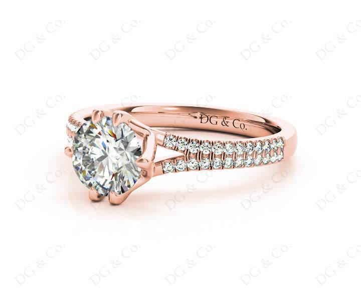 Round Cut Six Prongs Diamond Ring with Pave Set Split Band - 18K Rose - DG & Co. Jewellery