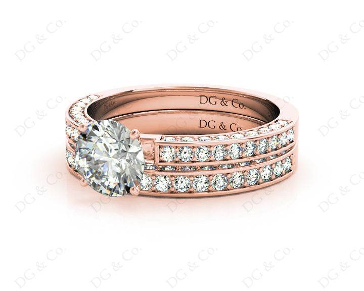 Engagement and Wedding Set Round Cut Diamond Rings with Pave Setting Side Stones in 18K Rose - DG & Co. Jewellery