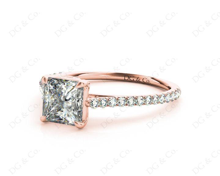 Princess Cut Four Claws Diamond Engagement Ring Pave Set Side Stones - 18K Rose - DG & Co. Jewellery