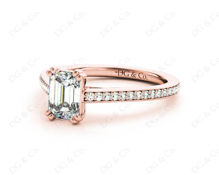 Emerald Cut Four Prongs Diamond Ring with Channel Set Side Stones - 18K Rose - DG & Co. Jewellery
