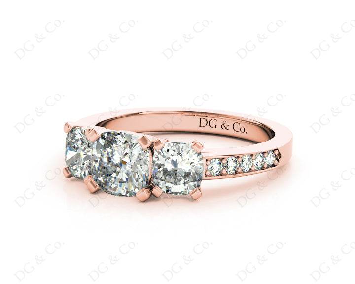Cushion Cut Trilogy Ring with Channel Set Shoulder Diamonds - 18K Rose - DG & Co. Jewellery