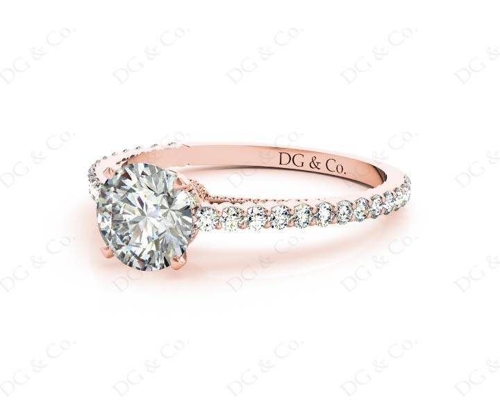 Round Cut Four Claw Set Diamond Ring with Side Halo and Round Cut Diamonds Claw Set on the Band - 18K Rose - DG & Co. Jewellery