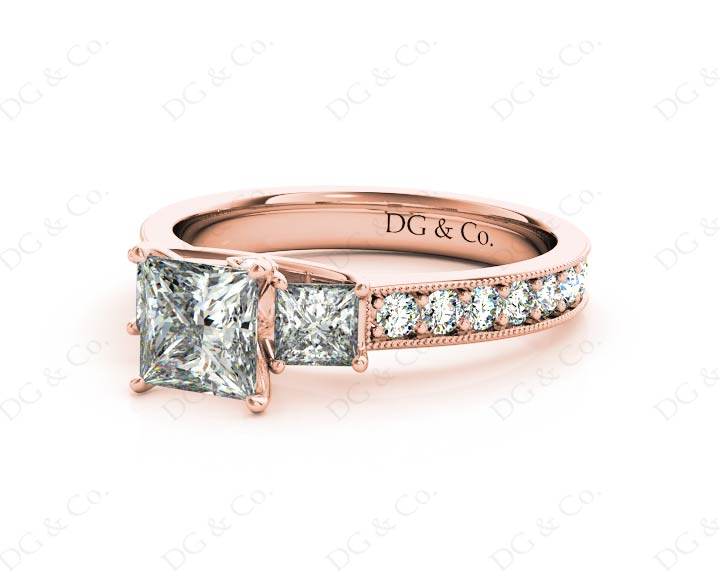 Princess Cut Trilogy Ring with Milgrain set shoulder diamond - 18K Rose - DG & Co. Jewellery