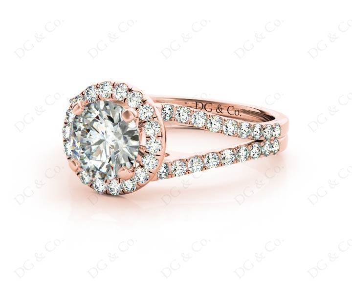 Split Band Round Cut Halo Diamond Engagement ring with claw set centre stone in 18K Rose - DG & Co. Jewellery