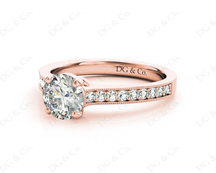 Round Cut Four Claw Set Milgrain Diamond Engagement Ring With Pave Side Stones - 18K Rose - DG & Co. Jewellery