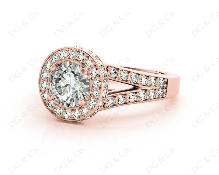 Round Cut Halo Diamond Engagement Ring Split Band with Four Claws Set Centre Stone in 18K Rose - DG & Co. Jewellery