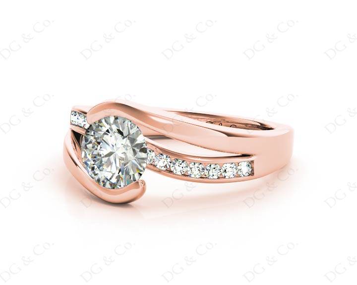 Round Cut Cross Over Ring Half Bezel Set Diamond Engagement Ring with Channel Set Side Stones - 18k Rose - DG & Co. Jewellery