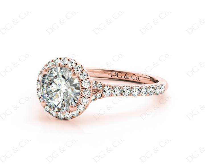 Round Cut Diamond Ring With Round Cut Diamonds Scallop Set on the Halo and Down the Shoulders - 18K Rose - DG & Co. Jewellery