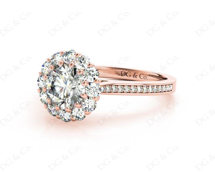 Round Cut Flower Halo Diamond Ring with a Claw Set Halo and Pave Set Side Stones - 18K Rose - DG & Co. Jewellery