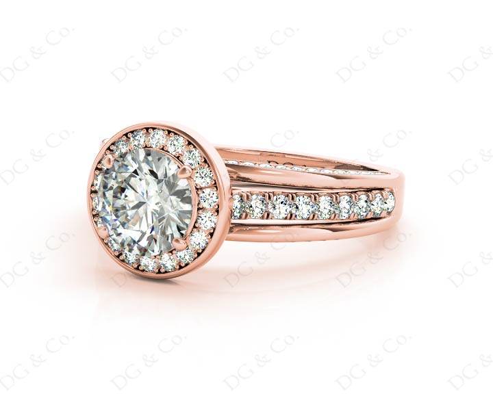 Triple Band Round Cut Diamond Halo Engagement Ring with Pave Set Side Stones and Halo in 18K Rose - DG & Co. Jewellery
