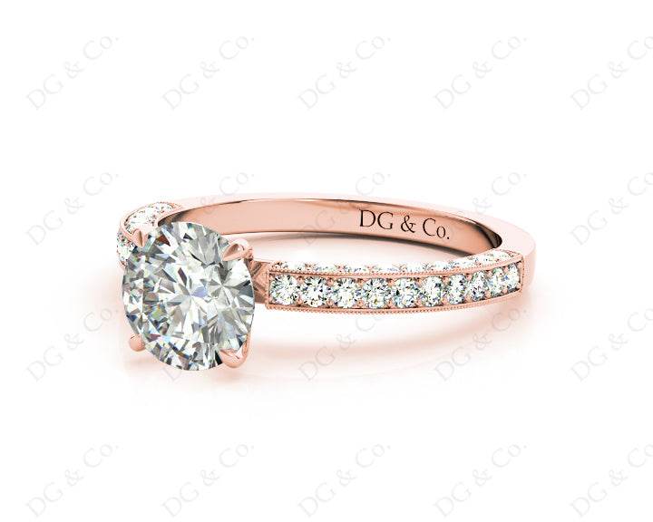 Round Cut Four Claws Side Stone Engagement Ring with Milgrain Set Side Stones in 18K Rose - DG & Co. Jewellery