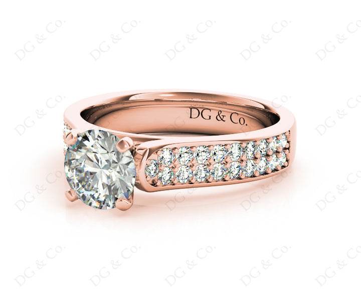 Round Cut Four Claws V Set Diamond Ring with Pave Set Side stones in 18K Rose - DG & Co. Jewellery