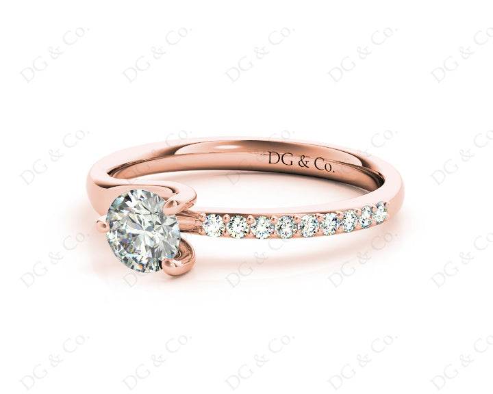 Round Cut Three Claws Diamond Ring with Pave Set Side Stones in 18K Rose - DG & Co. Jewellery