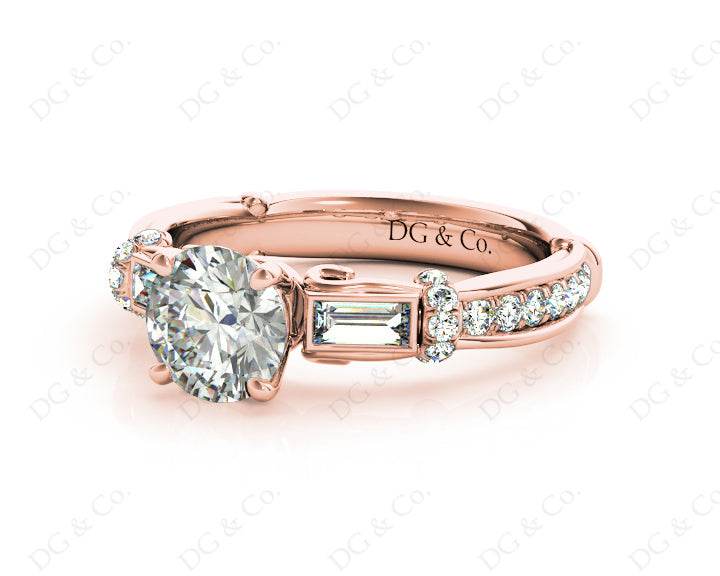 Round Cut Vintage Style Three Stone Engagement Ring with Tapered Baguette Bezel Set and Pave Set Side Stones - 18K Rose - DG & Co. Jewellery