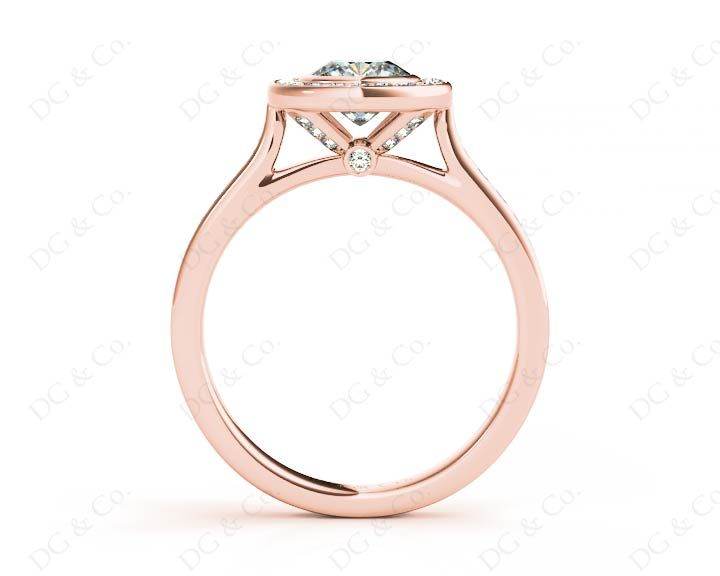 Cushion Cut Halo Ring with Bezel set centre stone with Side Stones - 18K Rose - DG & Co. Jewellery