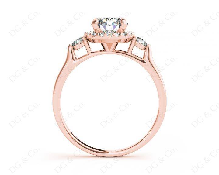 Round Cut Halo Trilogy diamond ring with pave set side stone in 18K Rose - DG & Co. Jewellery